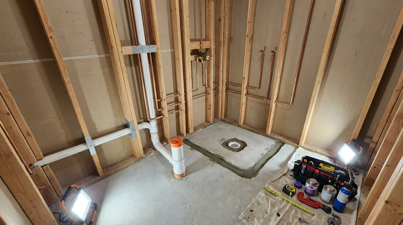 Bathroom rough-in plumbing during remodel by Johns Plumbing LLC in Hales Corners
