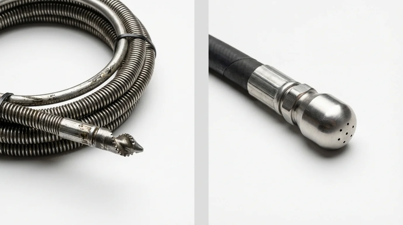 Drain snake cable and hydro jetting nozzle used for drain cleaning in Hales Corners, WI