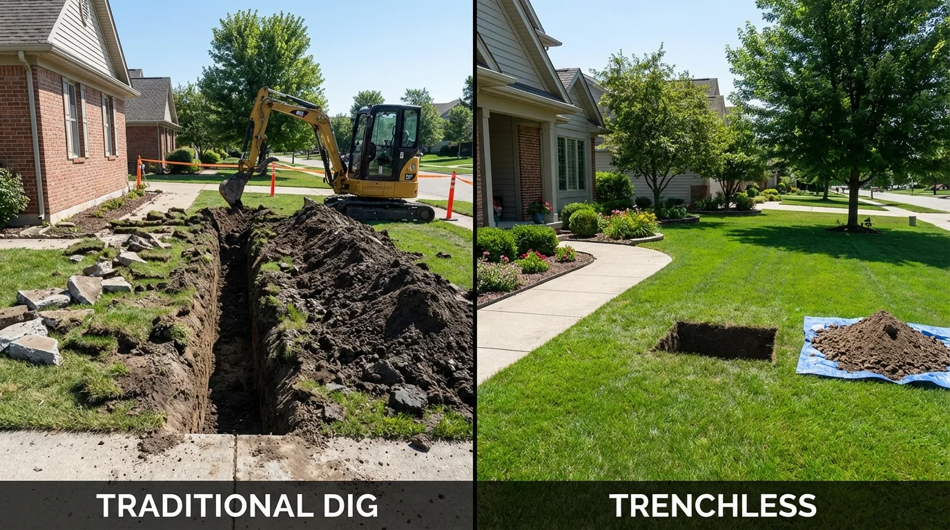 Trenchless sewer repair with minimal yard damage versus traditional excavation in Hales Corners, WI