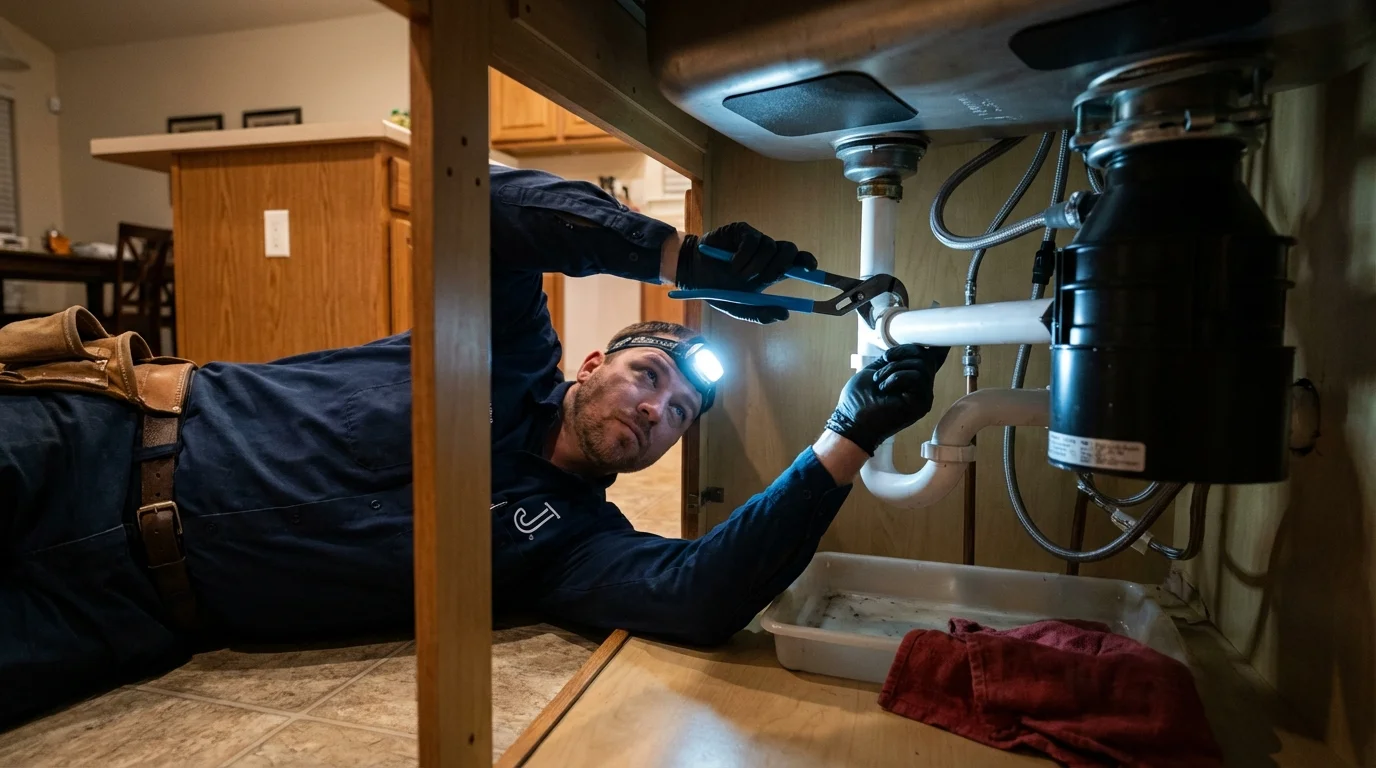 P-trap and supply line connections under a kitchen sink showing a common leak point in Hales Corners, WI